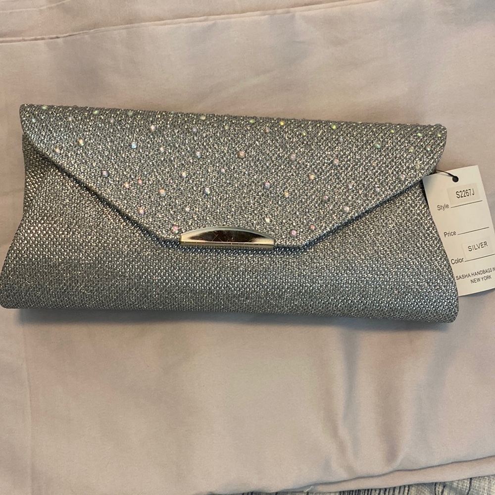 Silver beaded clutch with optional strap